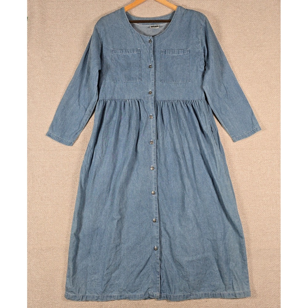 Vintage‎ Spotlight Denim Dress Womens Large Long Sleeve Button Front Cotton USA